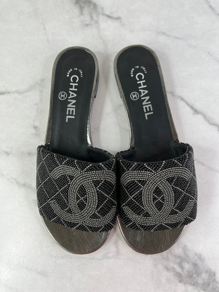 Chanel Black Grey Pearl Embroidery CC Mules Size 37