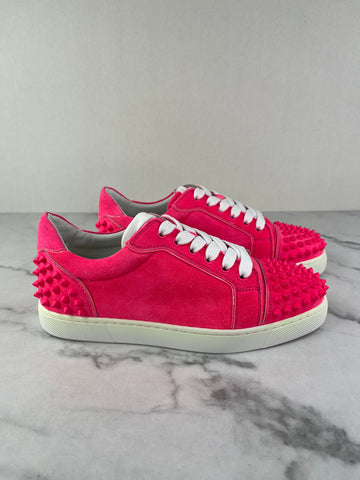 Christian Louboutin Women’s Vieira 2 Flat Pink Poupidou Suede Spike Sneakers Size 37