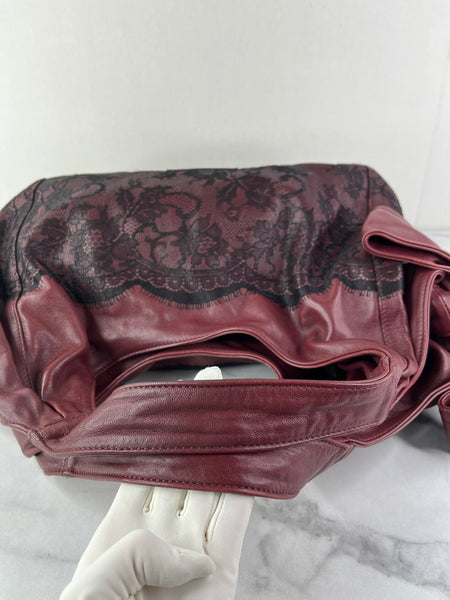 Valentino Burgundy Nuage Leather and Lace Bow Shoulder Hobo Bag