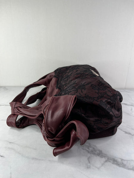 Valentino Burgundy Nuage Leather and Lace Bow Shoulder Hobo Bag