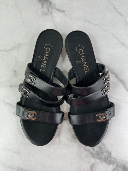 Chanel Black CC Turnlock Leather Triple Strap Flat Slides Size 37