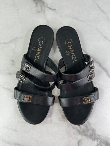 Chanel Black CC Turnlock Leather Triple Strap Flat Slides Size 37