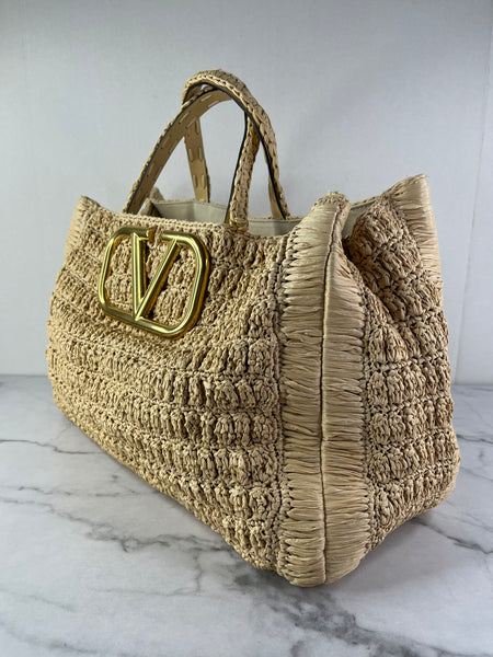 Valentino VLogo Signature Raffia Tote Bag