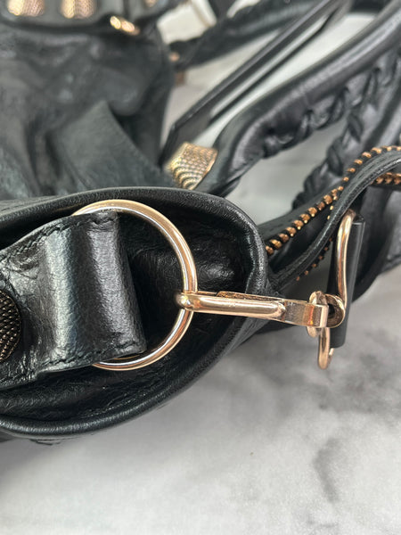BALENCIAGA Black Lambskin Leather Giant 21 Rose Gold Motorcycle City Shoulder Bag