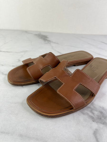 Hermes Gold (Brown) Oran Flat Sandals Size 37