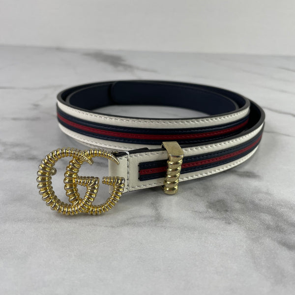 Gucci Off White Blue Red Calfskin Torchon Double G Belt Size 95/38
