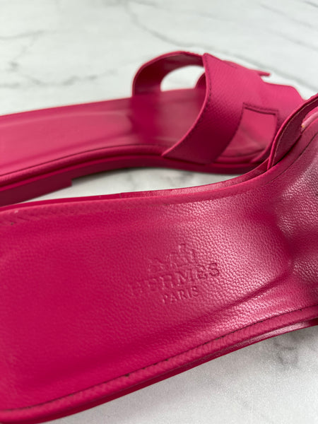 Hermes Dark Pink Epsom Calfskin Leather Oran Flat Sandals Size 37