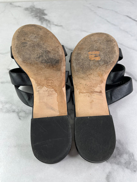 Chanel Black CC Turnlock Leather Triple Strap Flat Slides Size 37