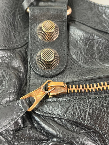 BALENCIAGA Black Lambskin Leather Giant 21 Rose Gold Motorcycle City Shoulder Bag