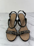 Chanel CC Black Leather Chain Link Ankle Strap Sandals Size 37.5