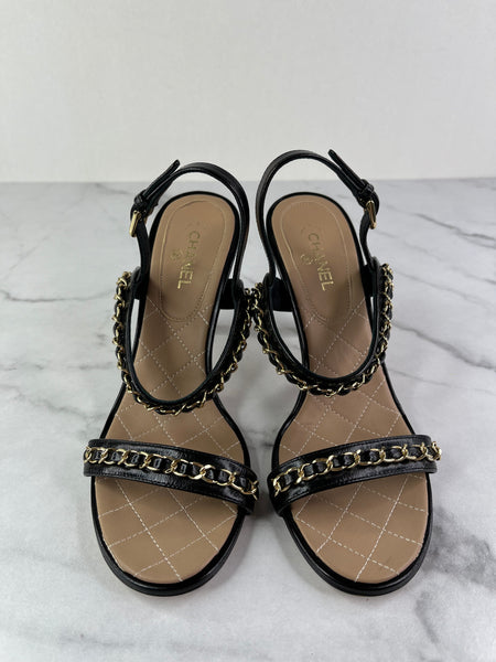 Chanel CC Black Leather Chain Link Ankle Strap Sandals Size 37.5