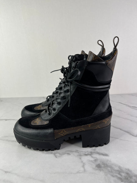 Louis Vuitton Black Monogram Laureate Platform Desert Boots Size 37