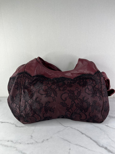 Valentino Burgundy Nuage Leather and Lace Bow Shoulder Hobo Bag