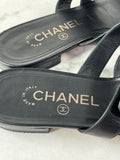 Chanel Black CC Turnlock Leather Triple Strap Flat Slides Size 37
