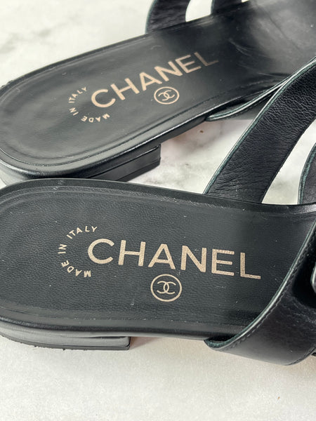 Chanel Black CC Turnlock Leather Triple Strap Flat Slides Size 37