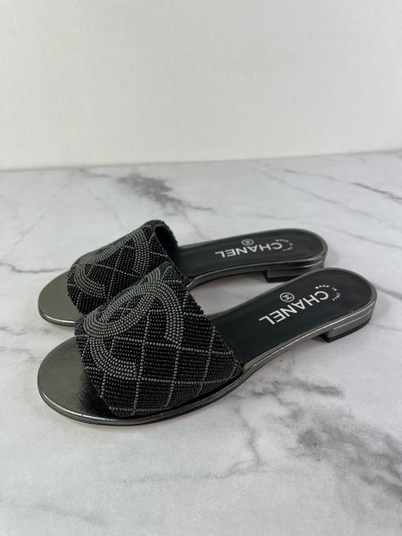 Chanel Black Grey Pearl Embroidery CC Mules Size 37