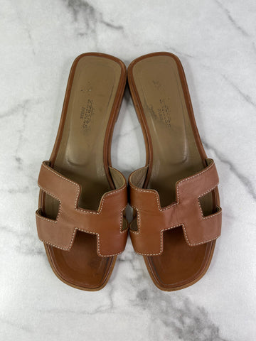Hermes Gold (Brown) Oran Flat Sandals Size 37