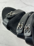 Chanel Black CC Turnlock Leather Triple Strap Flat Slides Size 37