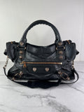 BALENCIAGA Black Lambskin Leather Giant 21 Rose Gold Motorcycle City Shoulder Bag