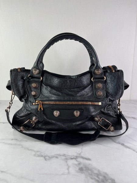 BALENCIAGA Black Lambskin Leather Giant 21 Rose Gold Motorcycle City Shoulder Bag