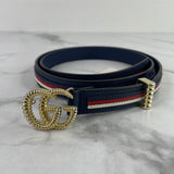 Gucci Navy Blue/Red/White Calfskin Sylvie Stripe Torchon Double G Belt Size 85/34