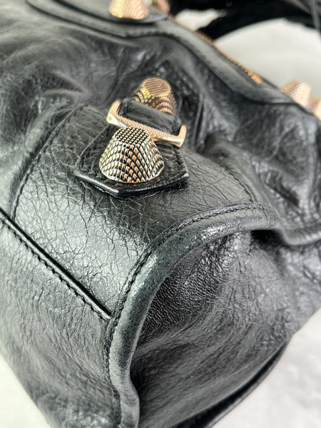 BALENCIAGA Black Lambskin Leather Giant 21 Rose Gold Motorcycle City Shoulder Bag