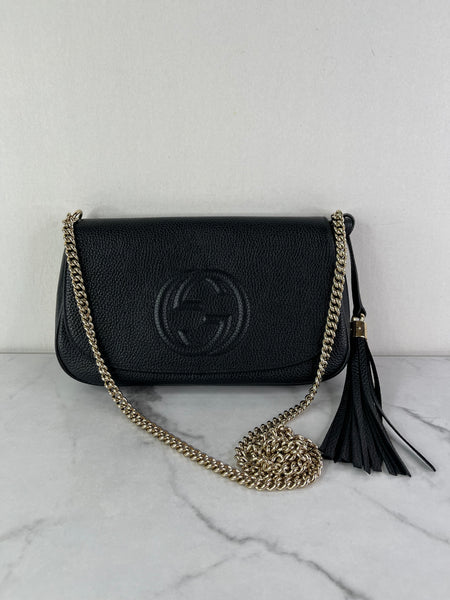 Gucci Black Pebbled Leather Soho Chain Flap Shoulder Bag