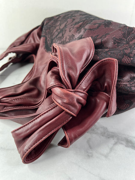 Valentino Burgundy Nuage Leather and Lace Bow Shoulder Hobo Bag