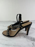 Chanel CC Black Leather Chain Link Ankle Strap Sandals Size 37.5