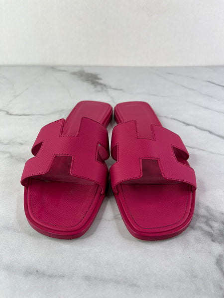 Hermes Dark Pink Epsom Calfskin Leather Oran Flat Sandals Size 37