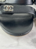 Chanel Black CC Turnlock Leather Triple Strap Flat Slides Size 37