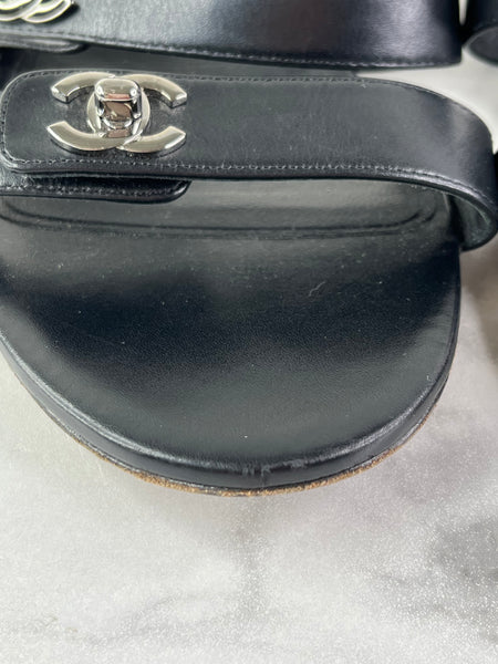 Chanel Black CC Turnlock Leather Triple Strap Flat Slides Size 37