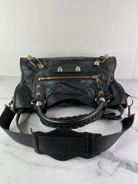 BALENCIAGA Black Lambskin Leather Giant 21 Rose Gold Motorcycle City Shoulder Bag