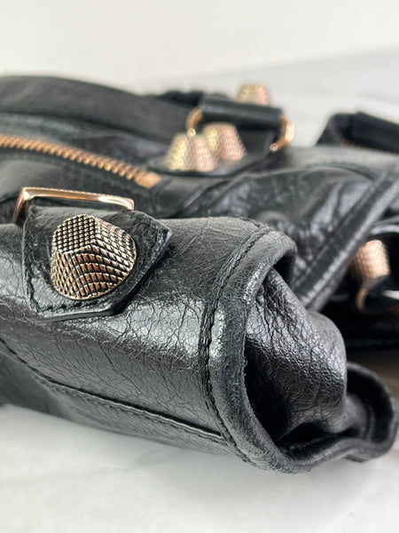 BALENCIAGA Black Lambskin Leather Giant 21 Rose Gold Motorcycle City Shoulder Bag