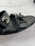 Chanel Black CC Turnlock Leather Triple Strap Flat Slides Size 37