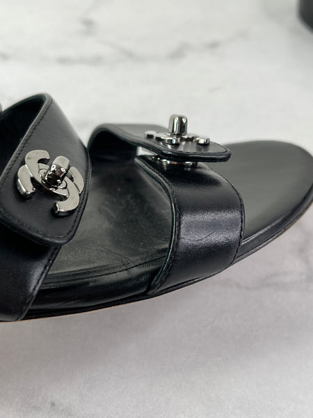 Chanel Black CC Turnlock Leather Triple Strap Flat Slides Size 37