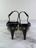 Chanel CC Black Leather Chain Link Ankle Strap Sandals Size 37.5