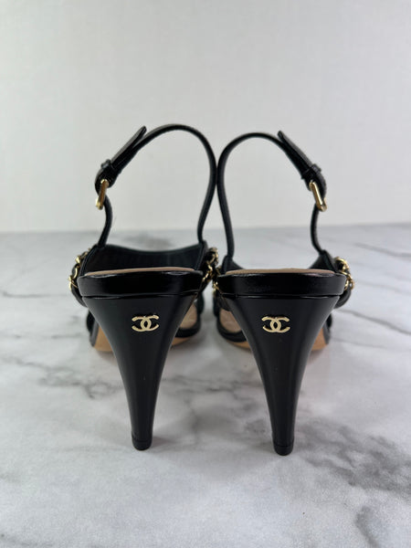 Chanel CC Black Leather Chain Link Ankle Strap Sandals Size 37.5
