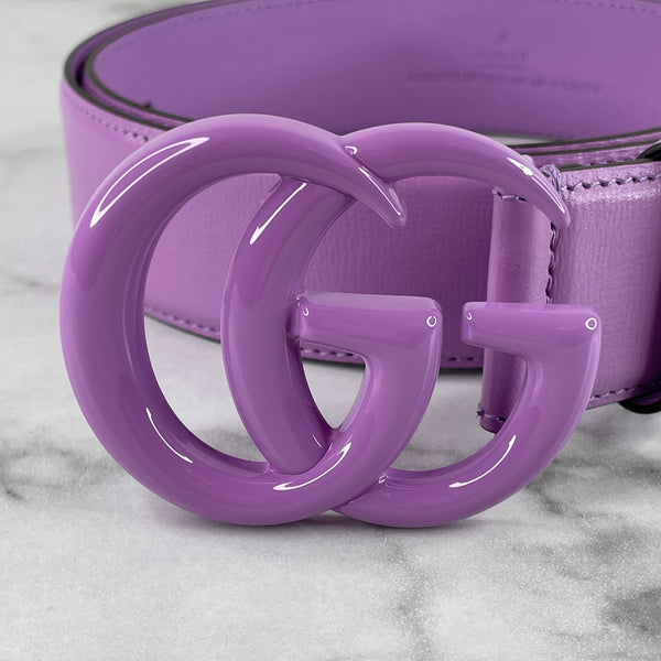 Gucci Lapis (Light Purple) Azalea Calfskin Enamel Monochrome Double G Belt Size 95/38