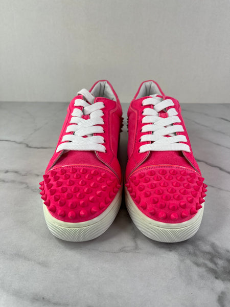 Christian Louboutin Women’s Vieira 2 Flat Pink Poupidou Suede Spike Sneakers Size 37