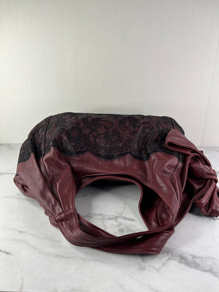 Valentino Burgundy Nuage Leather and Lace Bow Shoulder Hobo Bag