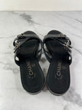 Chanel Black CC Turnlock Leather Triple Strap Flat Slides Size 37
