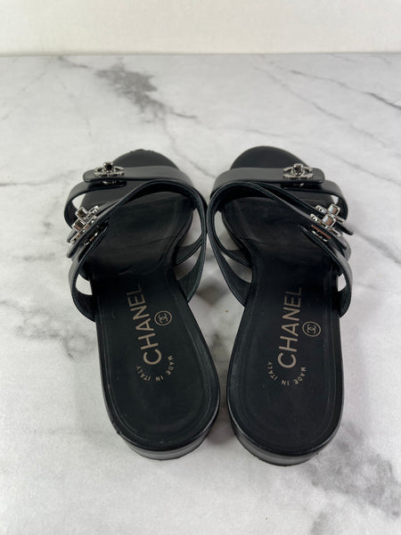 Chanel Black CC Turnlock Leather Triple Strap Flat Slides Size 37