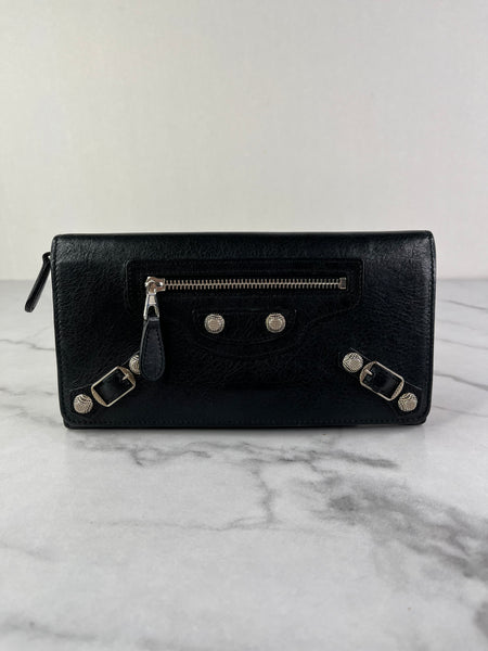 Balenciaga Black Arena Lambskin Giant 12 Silver Continental Wallet