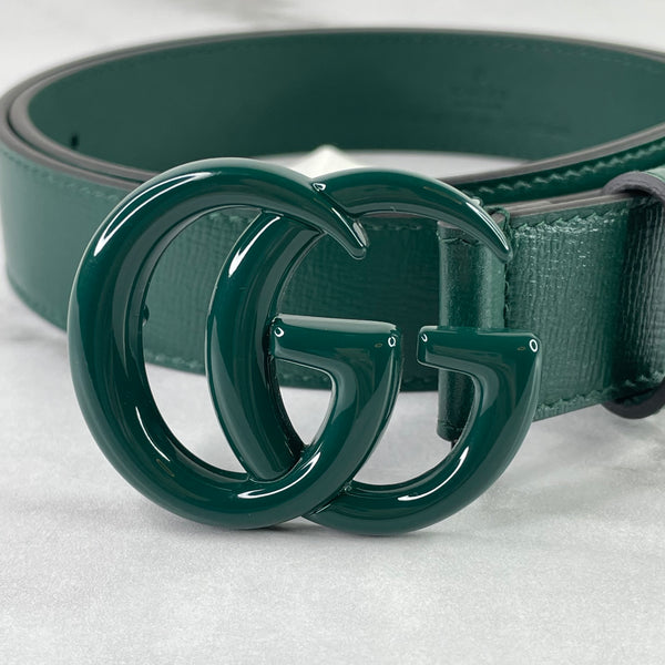 Gucci Green Azalea Calfskin Enamel Monochrome Double G Belt Size 85/34