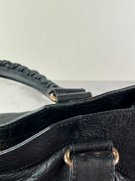 BALENCIAGA Black Lambskin Leather Giant 21 Rose Gold Motorcycle City Shoulder Bag