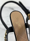 Chanel CC Black Leather Chain Link Ankle Strap Sandals Size 37.5