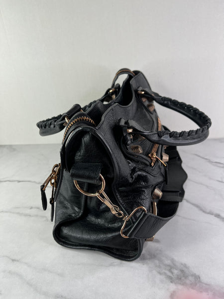 BALENCIAGA Black Lambskin Leather Giant 21 Rose Gold Motorcycle City Shoulder Bag