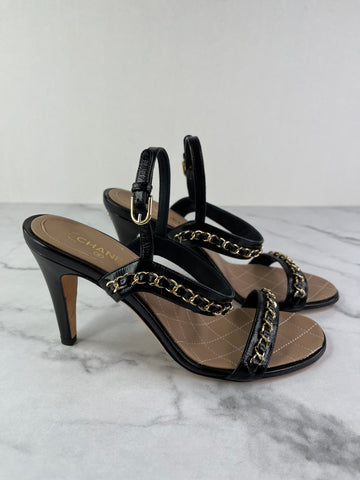 Chanel CC Black Leather Chain Link Ankle Strap Sandals Size 37.5