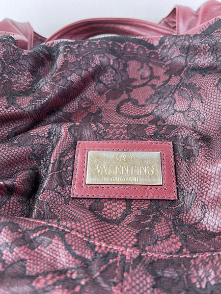 Valentino Burgundy Nuage Leather and Lace Bow Shoulder Hobo Bag